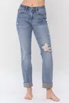 Judy Blue Mid Rise Knee Destroyed Cuffed Long Boyfriend Denim Jeans In Blue In Blue