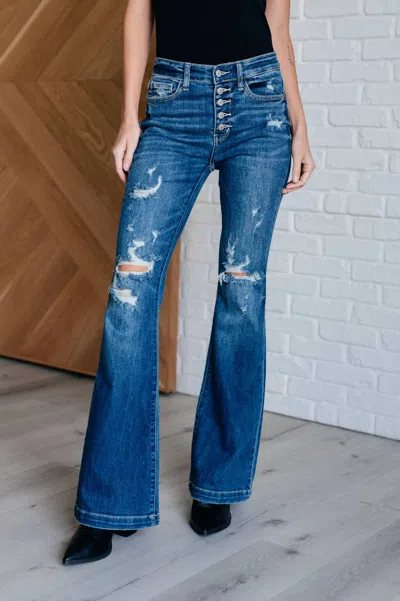 Judy Blue Mid Rise Distressed Button Fly Flare In Blue
