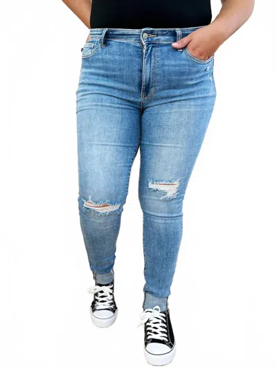 Judy Blue Mid Rise Distressed Cuffed Skinny Jeans In Medium In Blue
