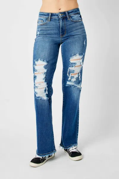 Judy Blue Mid Rise Distressed Dad Jeans In Blue