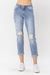 Judy Blue Mid Rise Double Cuff Destroyed Boyfriend Denim Jeans In Blue