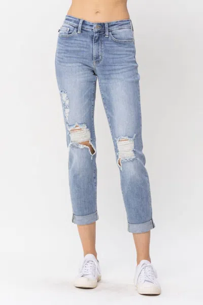 Judy Blue Mid Rise Double Cuff Destroyed Boyfriend Denim Jeans In Blue