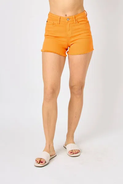 Judy Blue Mid Rise Garment Dyed Fray Hem Shorts In Orange