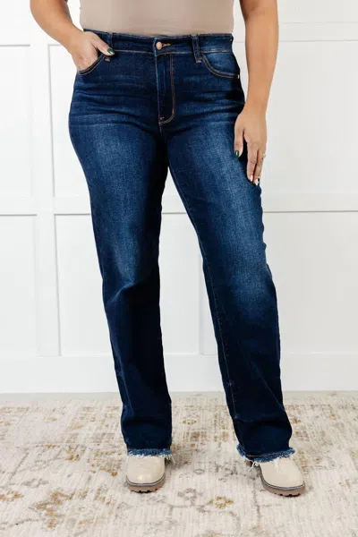 Judy Blue Mid Rise Frayed Hem Straight Leg Jean In Dark Wash In Blue