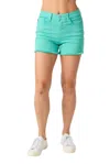 Judy Blue Mid Rise Garment Dyed Fray Hem Denim Short In Green In Green