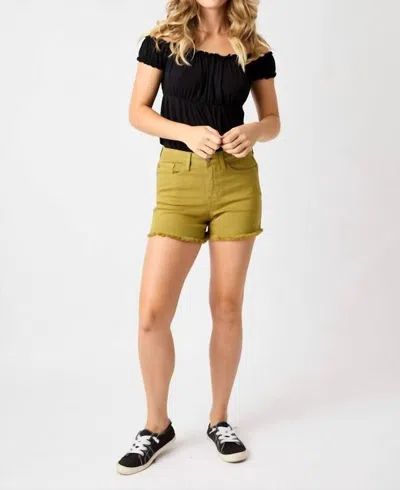Judy Blue Mid Rise Garment Dyed Fray Hem Shorts In Matcha In Green