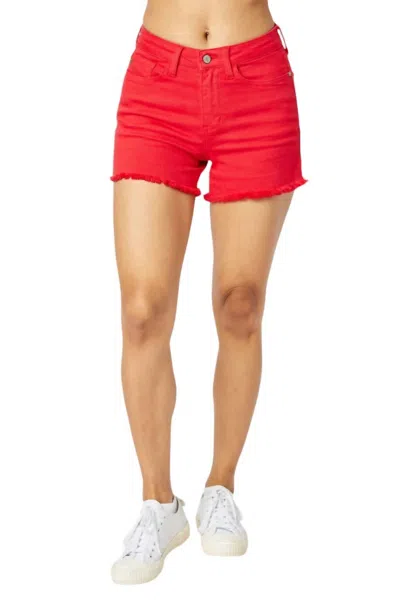Judy Blue Mid Rise Garment Dyed Fray Hem Shorts In Red