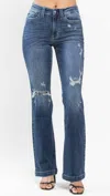 Judy Blue Mid Rise Hand Sand & Destroy Bootcut Jeans In Blue In Blue
