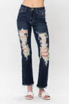 Judy Blue Mid Rise Heavy Distressed Straight Leg Jeans In Dark Wash In Blue