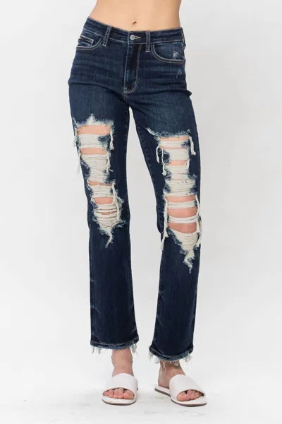JUDY BLUE MID RISE HEAVY DISTRESSED STRAIGHT LEG JEANS IN DARK WASH