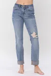 Judy Blue Mid Rise Knee Destroyed Cuffed Long Boyfriend Denim Jeans In Blue In Blue