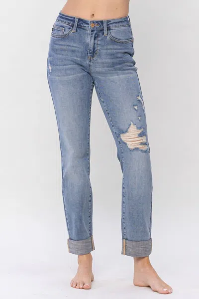 Judy Blue Mid Rise Knee Destroyed Cuffed Long Boyfriend Denim Jeans In Blue