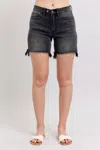 Judy Blue Mid Rise Long Cut Off 2 Button Dad Denim Short In Black In Black
