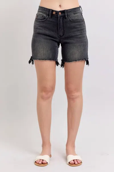 Judy Blue Mid Rise Long Cut Off 2 Button Dad Denim Short In Black