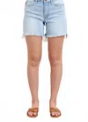 Judy Blue Double Button Fray Hem Mid Rise Denim Shorts In Light Wash In Blue