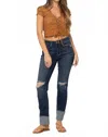 Judy Blue Mid Rise Minimal Destroy Straight Jeans In Denim In Multi