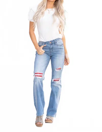 Judy Blue Mid Rise Plaid Patch Bootcut Jeans In Blue