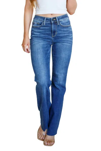 Judy Blue Mid Rise Tummy Control Vintage Raw Hem Straight Leg Jeans In Medium Wash In Blue