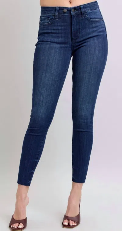 Judy Blue Mid Rise Raw Hem Skinny Jeans In Blue
