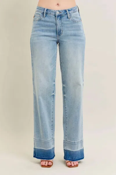 Judy Blue Mid Rise Release Hem Wide Leg Jean In Light Wash In Blue