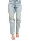 Judy Blue Mid Rise Repair Stitch Detail Destroy Single Cuff Boyfriend Jean In Light Blue In Blue