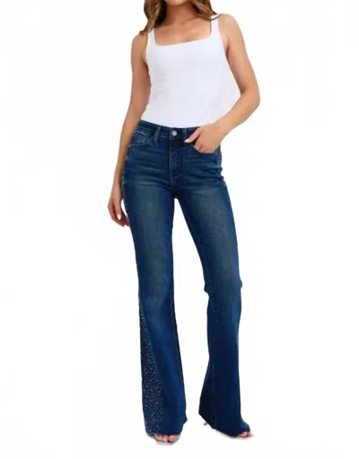 Judy Blue Mid Rise Rhinestone Side Panel Flare Jeans In Blue