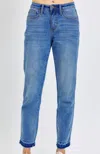 Judy Blue Mid Rise Rigid Magic Release Hem Boyfriend Jeans In Medium In Blue