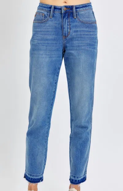 Judy Blue Mid Rise Rigid Magic Release Hem Boyfriend Jeans In Medium In Blue