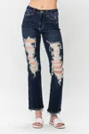 Judy Blue Mid Rise Ripped Straight Denim Jeans In Dark Blue In Blue