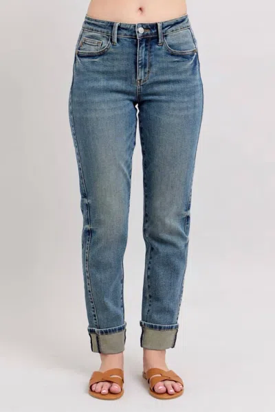Judy Blue Mid Rise Roll Cuff Boyfriend Jeans In Medium Vintage Wash In Blue