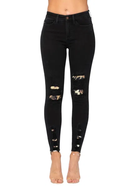 Judy Blue Mid-rise Skinny Leopard Patch Jean In Black