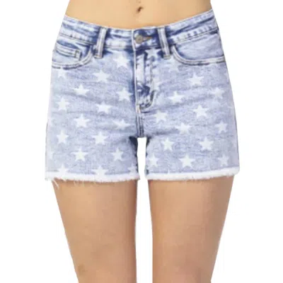 Judy Blue Mid Rise Star Print Acid Wash Cut Off Shorts In Light Blue
