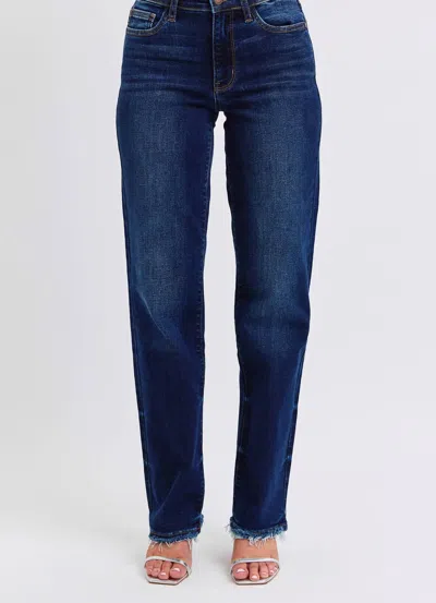 Judy Blue Mid Rise Straight Leg Jeans With Fray Hem In Blue