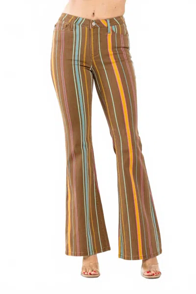 Judy Blue Mid Rise Stretch Striped Flare Jeans In Brown/multi