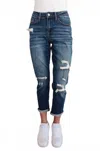 Judy Blue Mid Rise Thermal Boyfriend Distressed Jeans In Blue In Blue