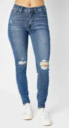 Judy Blue Mid-rise Tummy Control Destroy Skinny Jean In Medium Wash In Blue