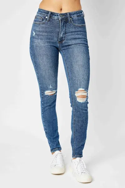 Judy Blue Mid-rise Tummy Control Destroy Skinny Jean In Medium Wash In Multi