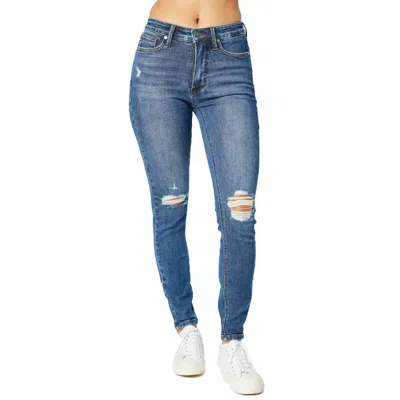 Judy Blue Mid Rise Tummy Control Destroy Skinny Jeans In Dark Blue