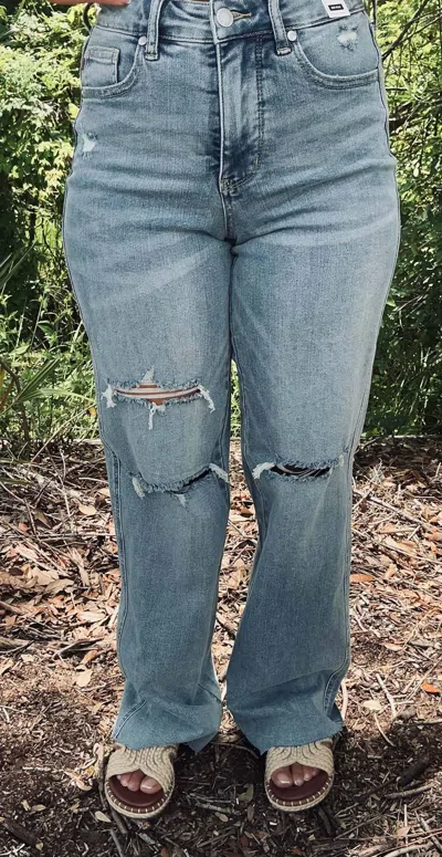 Judy Blue Mid Rise Tummy Control Distressed Wide Leg Jeans - Plus In Blue