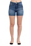 Judy Blue Mid Rise Tummy Control Mid Length Shorts In Denim In Blue