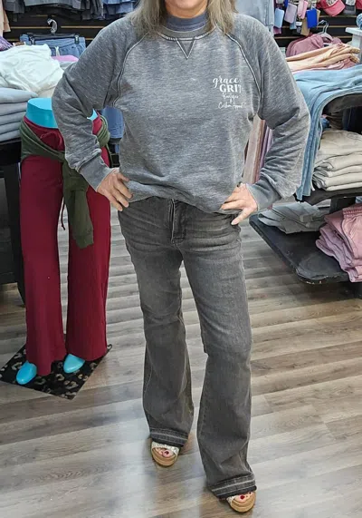 Judy Blue Mid Rise Tummy Control Release Hem Flare Jeans In Washed Grey In Multi
