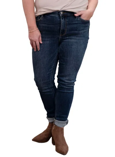 Judy Blue Mid Rise Vintage Raw Hem Skinny Jean In Dark Wash In Blue