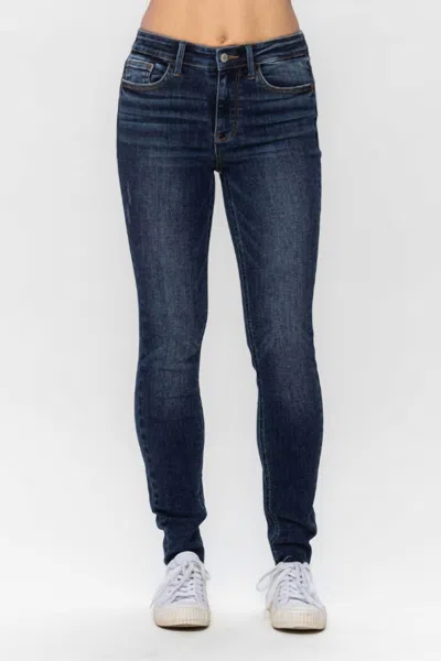 Judy Blue Mid Rise Vintage Raw Hem Skinny Jeans In Dark Blue