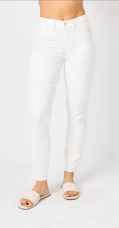 Judy Blue Mid-rise Braided Detail Relaxed Fit Jeans In White