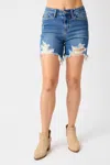 Judy Blue Midrise Destroyed Frayed Hem Shorts In Blue In Blue