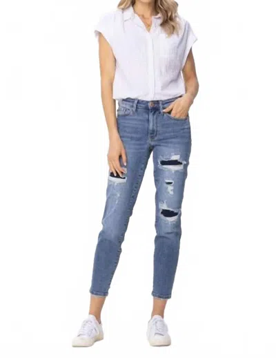 Judy Blue Mid-rise Patchwork Straight Jeans In Medium Wash In White
