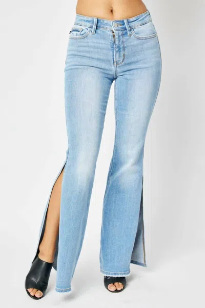 Judy Blue Mid-rise Peak-a-boot Hem Slit Flare Jeans In Light Blue