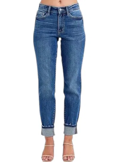 Judy Blue Midrise Vintage Wash Cuff Boyfriend Jeans In Dark Blue