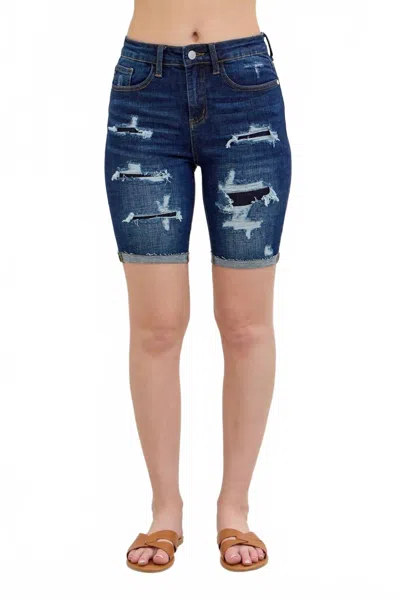 Judy Blue Patch Destroy Bermuda Shorts In Dark In Blue