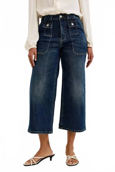 Judy Blue Patch Pocket High Waist Wide Crop Utility Jeans In Dark Wash In Blue